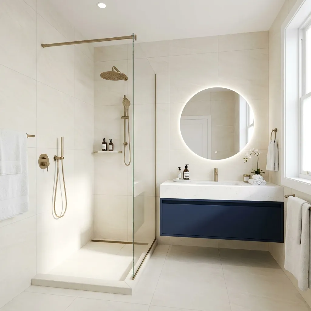 Newly renovated hotel bathroom with walk-in shower