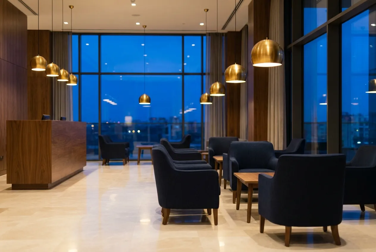 Warmly lit modern hotel lobby at dusk